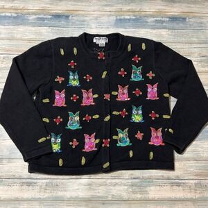 Jack B. Quick Owl Cardigan Sweater Large Black Embellished Bird Granny Grandma